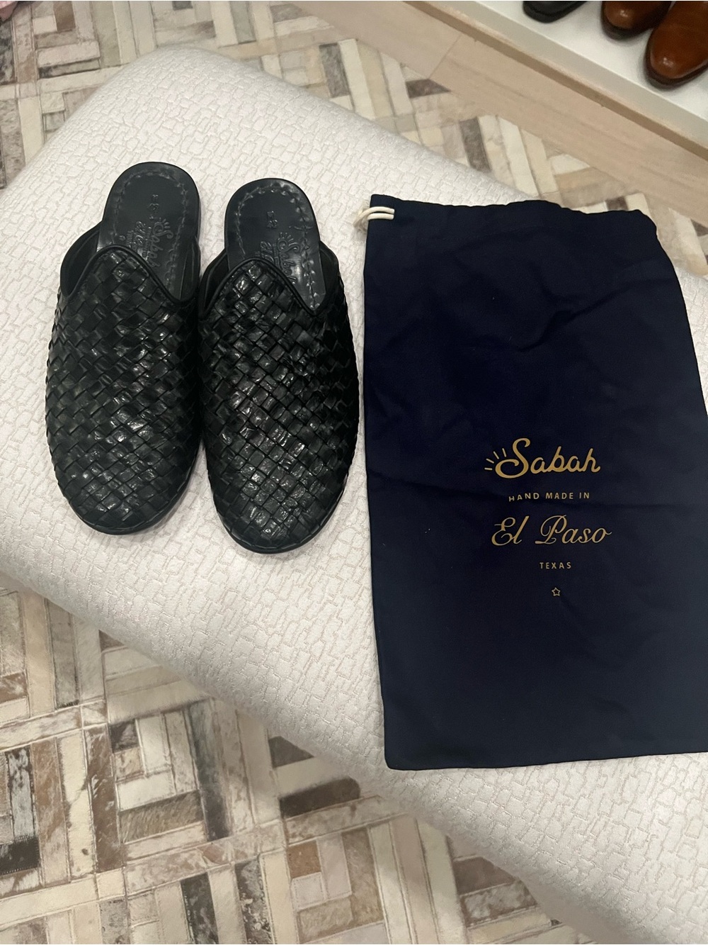 Sabah Men’s Black Tokyo Woven Leather Slides- Handmade in El Paso